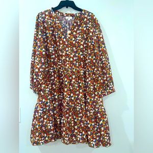 Gold Mix Floral Pleated V Neck Tiered Babydoll Dress